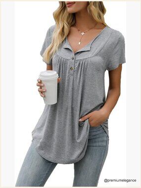 V-Neck Tie-Dye Tunic Top with Pleated Hem, Button Front, Soft Flowy Blouse